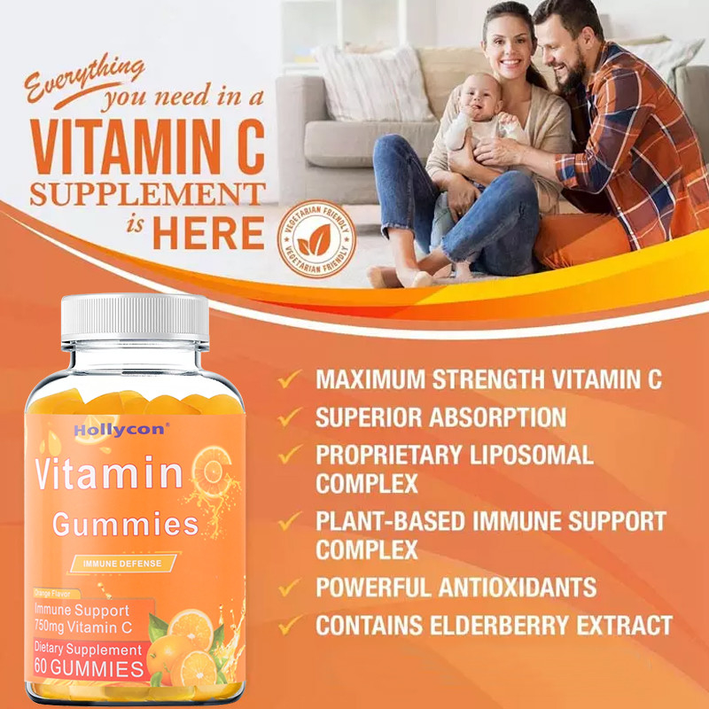 750mg Vitamin C Gummies untuk Dukungan Kekebalan Dewasa dengan Vitamin B Bebas Gluten Jeruk