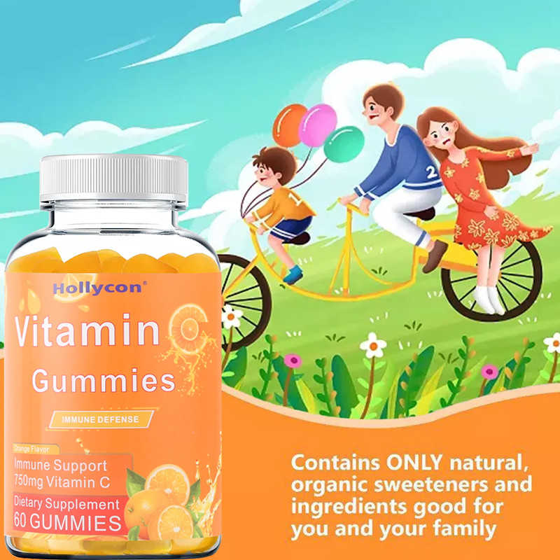 750mg Vitamin C Gummies untuk Dukungan Kekebalan Dewasa dengan Vitamin B Bebas Gluten Jeruk