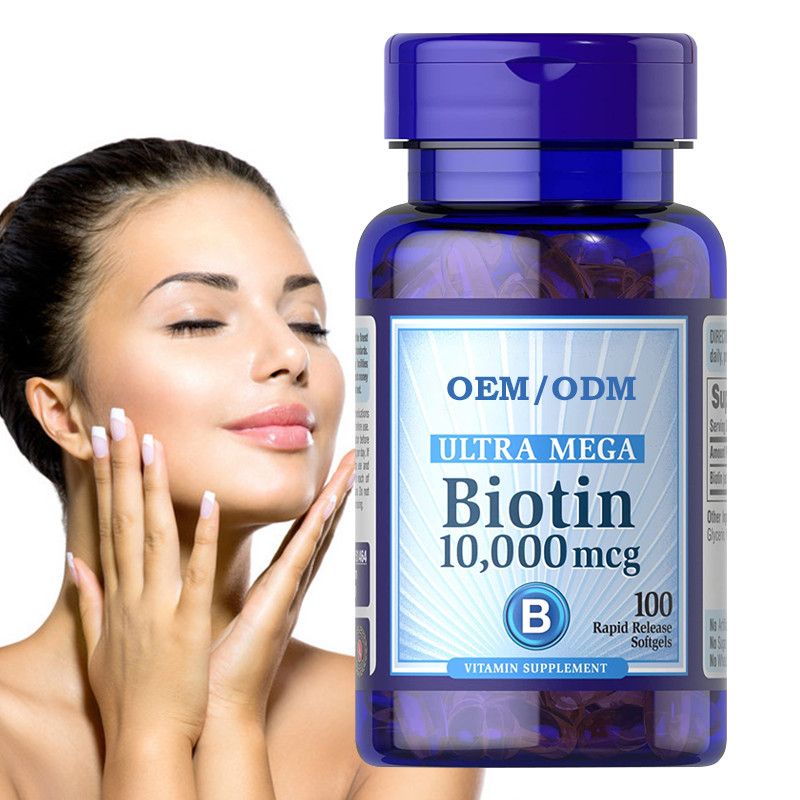 OEM Perawatan Kulit Biotin Vitamin Gummies Rambut Kulit Dan Kuku Pertumbuhan Kembali 10000 Mcg Softgels 100 Hitung