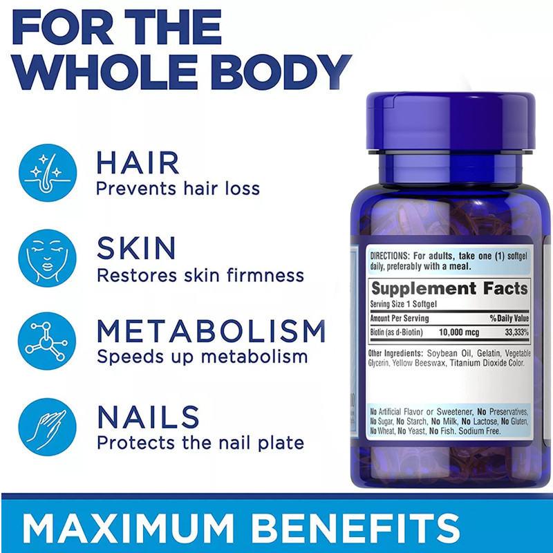 OEM Perawatan Kulit Biotin Vitamin Gummies Rambut Kulit Dan Kuku Pertumbuhan Kembali 10000 Mcg Softgels 100 Hitung