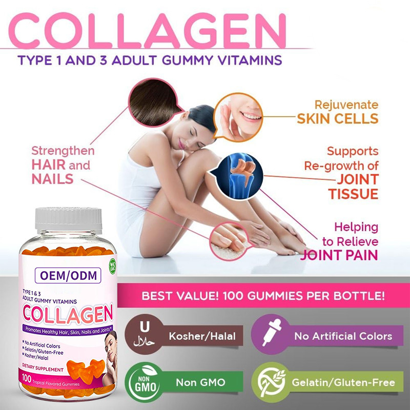 ODM Collagen Gummies 2500mcg Biotin Zinc Vitamin E C Untuk Pertumbuhan Rambut Kulit Dan Kuku