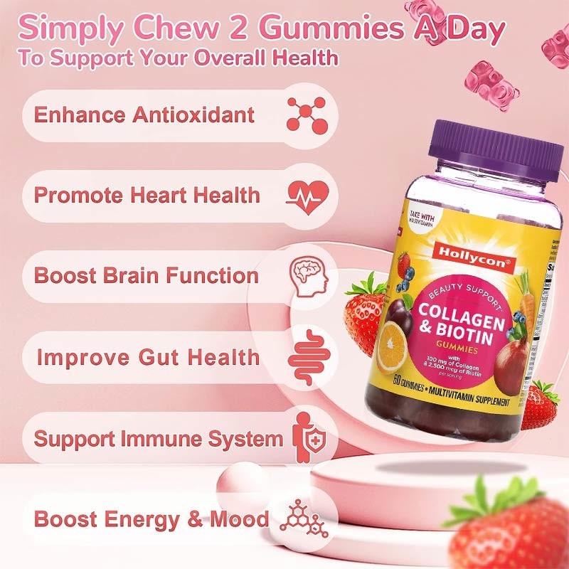 OEM Cleanroom Red Biotin Vitamin Gummies 30 Porsi Per Kontainer Produksi Tanpa Polusi