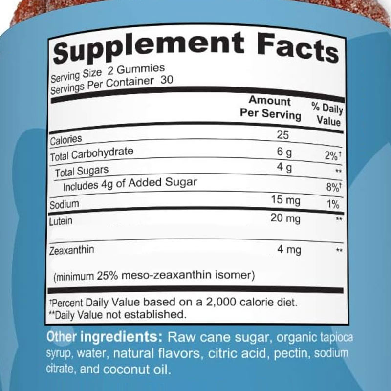 2500mcg Vitamin B7 Natural Zeaxanthin Lutein Rasa Disesuaikan Produksi Non Polusi Eye Gummies