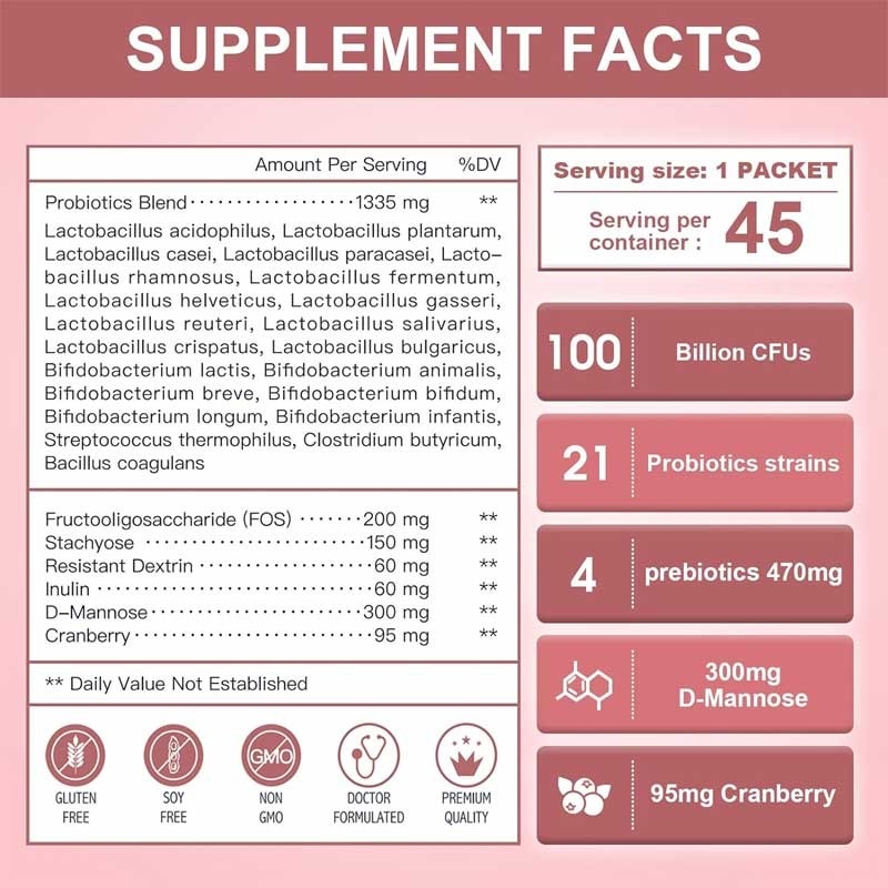 OEM Wanita Probiotik Dengan D-Mannose Dan Cranberry Untuk Urinary Tract Gut Kesehatan Pencernaan Prebiotik Dan Probiotik Powder