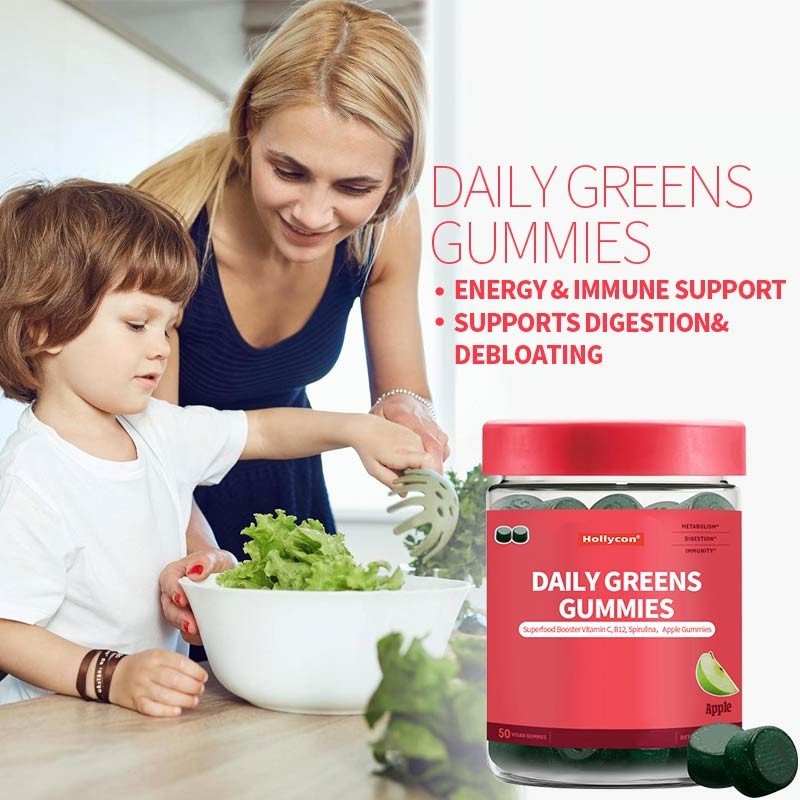Produk Baru 2024 Permen Karet Hijau Harian Penguat Makanan Super Vitamin C B12 Spirulina Permen Jeli Apel