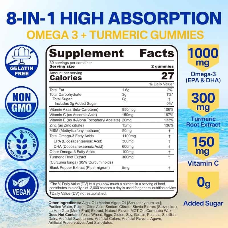Dukungan OEM DHA Vitamin A C E Seng Kunyit untuk Dewasa Omega-3 Liquid Gummies