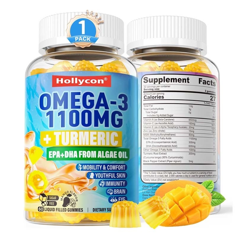 Dukungan OEM DHA Vitamin A C E Seng Kunyit untuk Dewasa Omega-3 Liquid Gummies