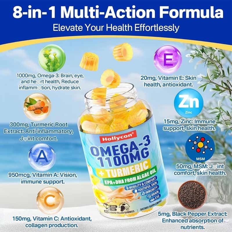 Dukungan OEM DHA Vitamin A C E Seng Kunyit untuk Dewasa Omega-3 Liquid Gummies