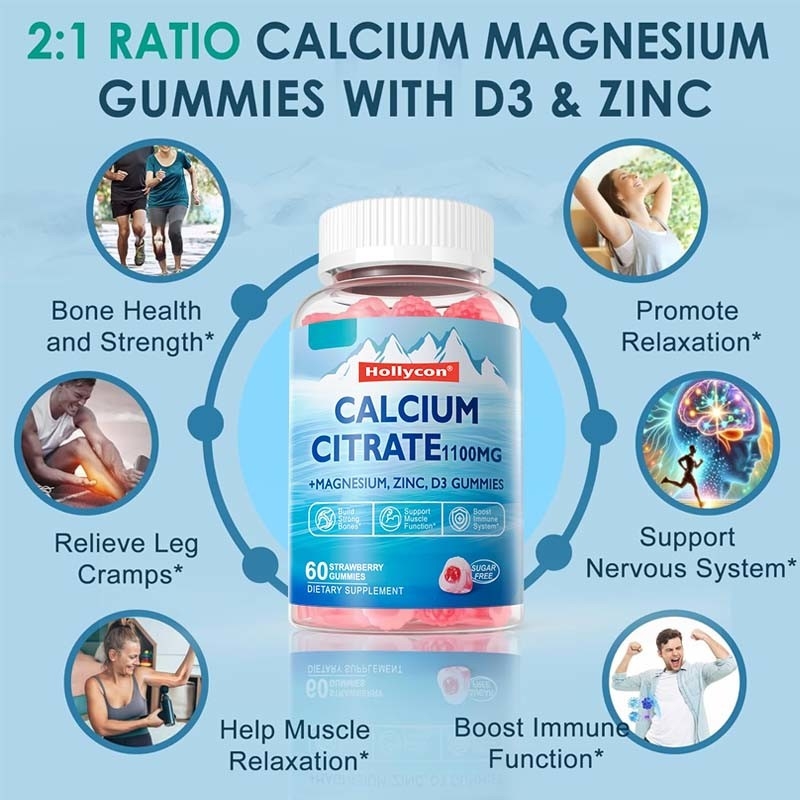 OEM Dukungan Tulang Otot Kesehatan Kekebalan Vitamin D3 untuk Orang Dewasa Kalsium Sitrat Gummies