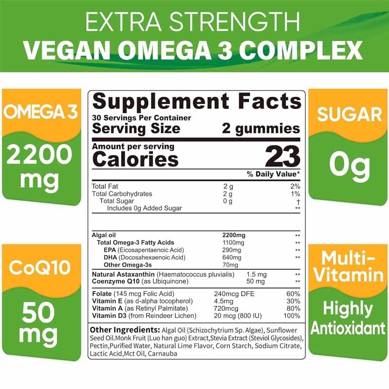 OEM Dukungan DHA Vitamin E A D3 untuk Otak Mata sendi ganggang Omega-3 2200mg Permen karet