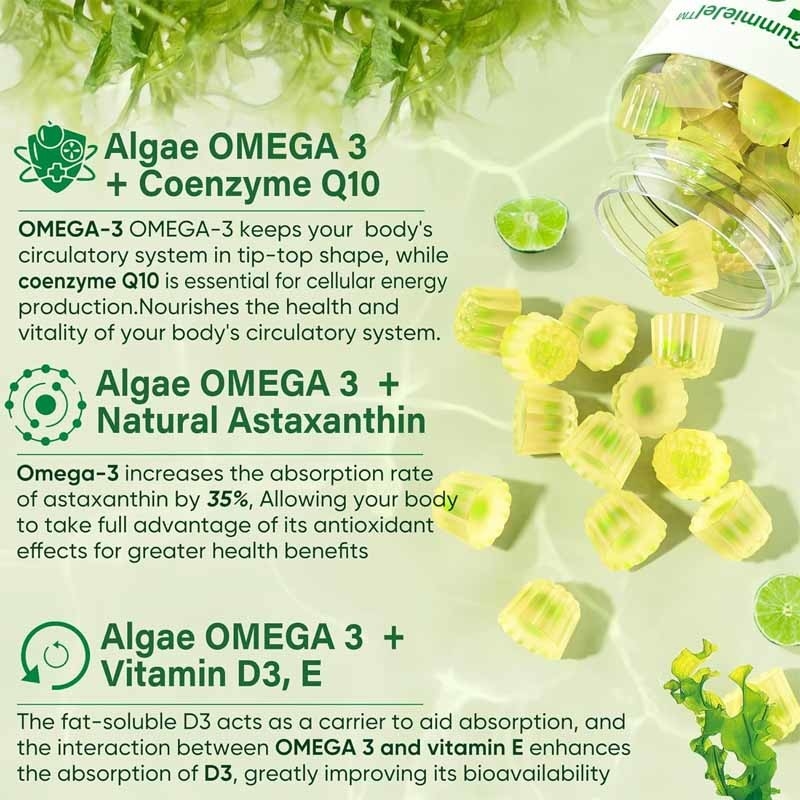 OEM Dukungan DHA Vitamin E A D3 untuk Otak Mata sendi ganggang Omega-3 2200mg Permen karet