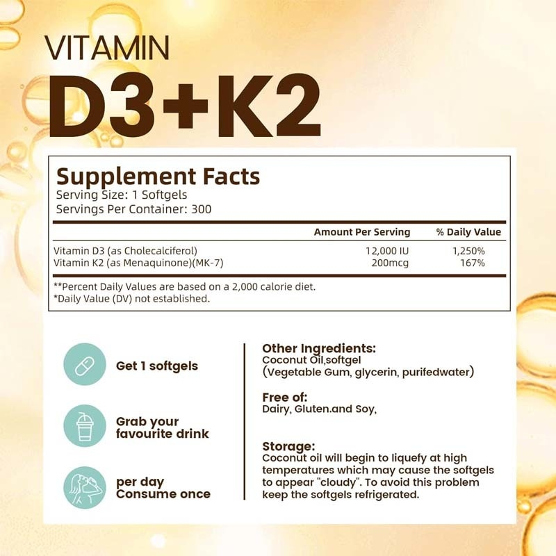 OEM Kalsium Absorpsi Kesehatan Tulang Imun Dan Jantung Vitamin D3 K2 Minyak Kelapa Softgels