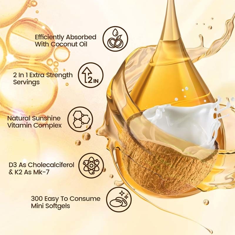 OEM Kalsium Absorpsi Kesehatan Tulang Imun Dan Jantung Vitamin D3 K2 Minyak Kelapa Softgels
