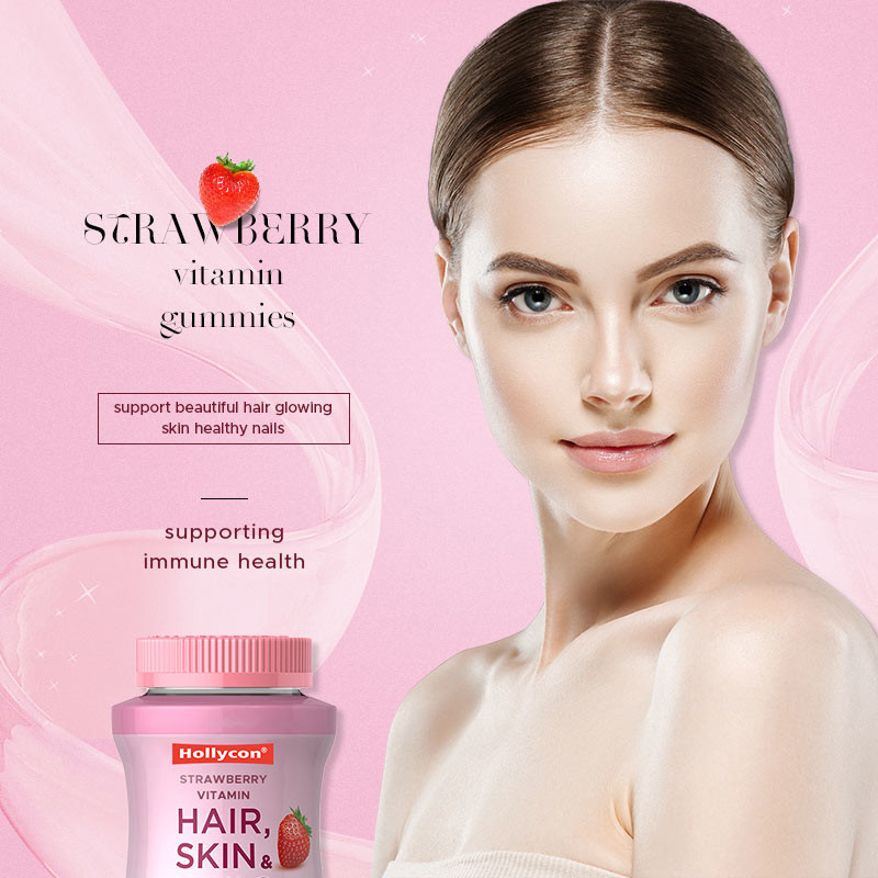 Rambut Kulit & Kuku Vitamin Permen karet dengan Biotin Mendukung Kesehatan Imun Rasa stroberi