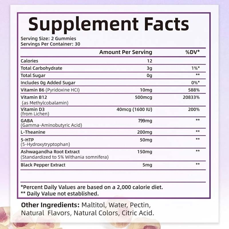 Pabrik GABA dengan L-Theanine 5-HTP Vitamin D3 B12 Penghilang Stres Permen karet tidur