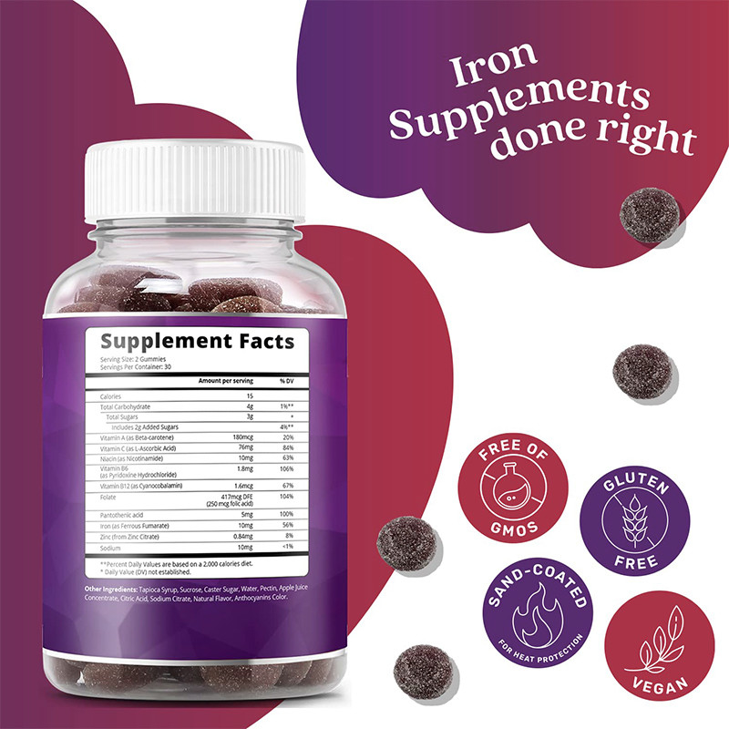 OEM Iron Gummies Untuk Wanita 250mcg Folic Acid Iron Gummies Untuk Dukungan Besi