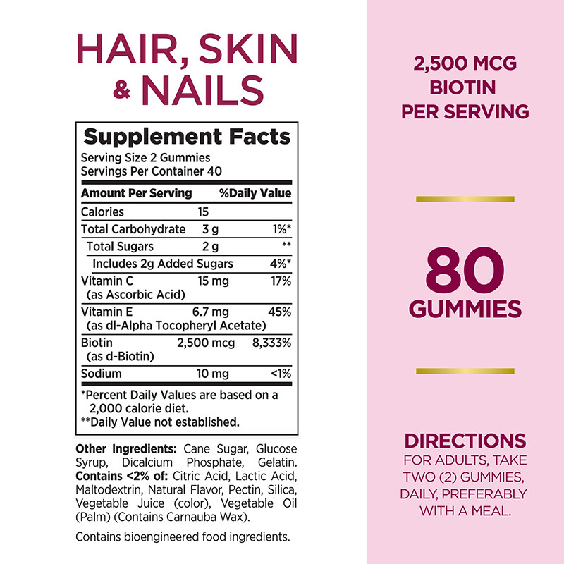 Rambut Kulit Dan Kuku Permen karet Untuk Pertumbuhan Rambut 2500mcg Biotin Permen karet Untuk Wanita