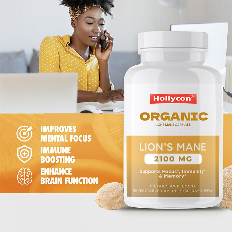 Customized Organic Lions Mane Capsules Mempromosikan Fokus Kejernihan Mental Kognisi Meningkatkan Kesehatan Usus