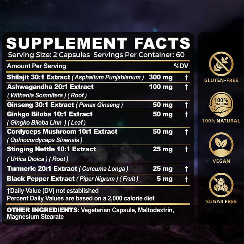 Shilajit Capsules Hot Selling Pure Himalaya Organic Shilajit Supplement untuk Pria Dukungan Kekebalan Tubuh Energi Naik
