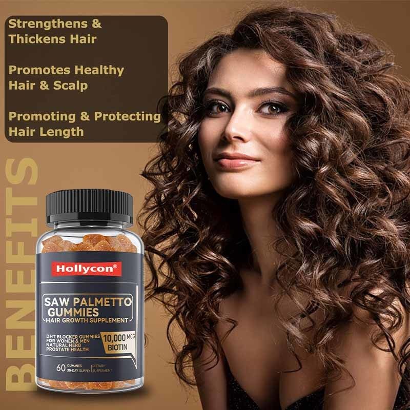 Suplemen Pertumbuhan Rambut Pabrik untuk Wanita & Pria DHT Blocker Gummies Mendukung Keseimbangan Hormonal Kesehatan Prostat Saw Palmetto Gummies
