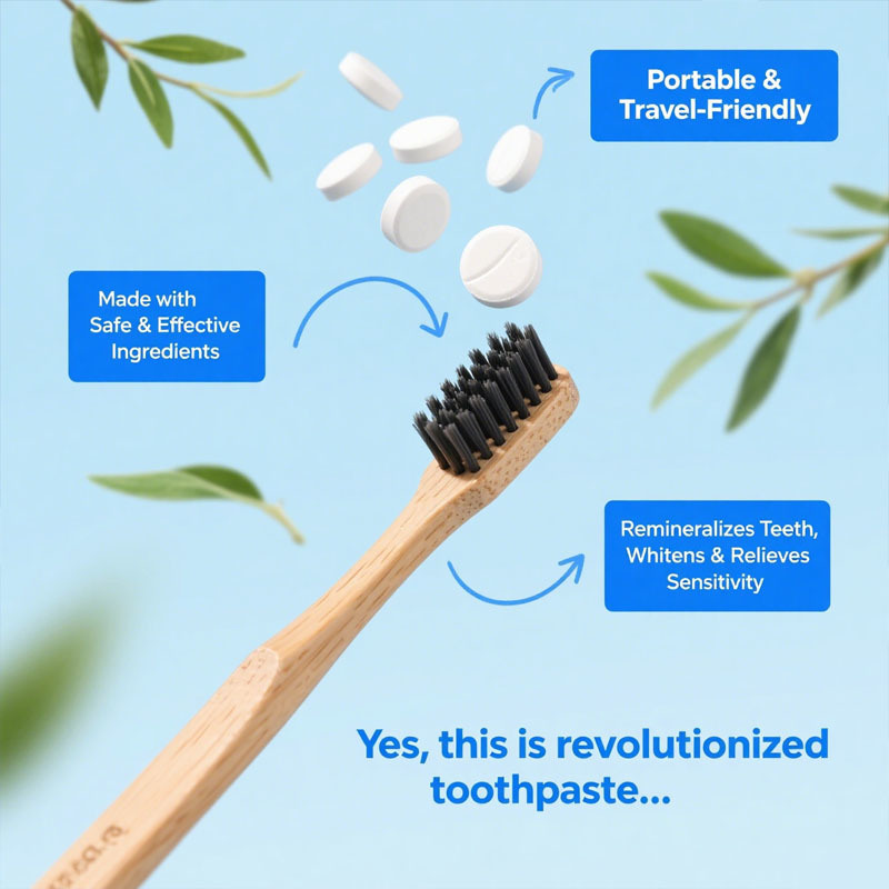 Tablet pasta gigi buatan pabrik, nano hidroksiapatit dengan probiotik, fluoride & plastik gratis, ukuran ramah lingkungan & perjalanan, mengenang tab pasta gigi kunyah, formula khusus