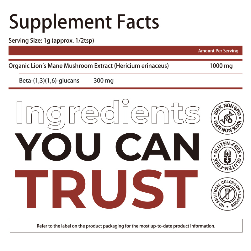 Serbuk suplemen ekor singa organik dengan 100% ekstrak tubuh buah dan 30% beta-glukan untuk dukungan kognitif - 150 gram per kantong