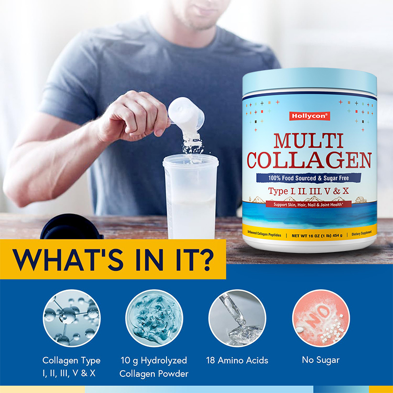 Bubuk Peptida Kolagen Multi Tipe I II III V X Suplemen Kolagen Terhidrolisis 454g Dosis Harian 3g yang Disesuaikan