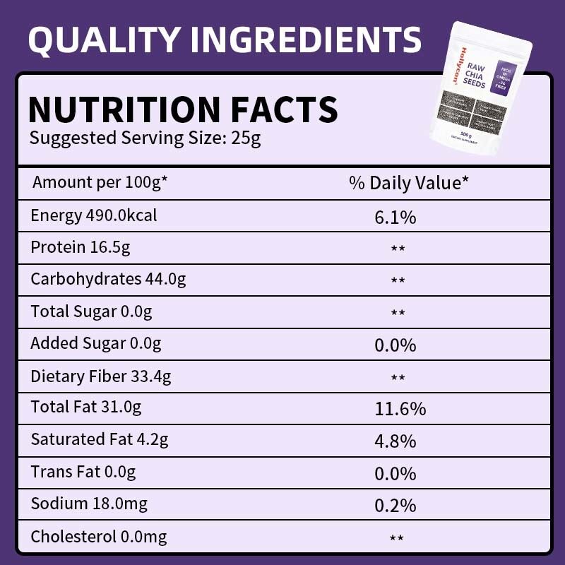 OEM / ODM Biji Chia 500g, Kemasan 1 I Biji untuk Dimakan | Biji untuk Pengelolaan Berat Badan | Kaya Kalsium, Protein & Serat Tanpa Tambahan Gula, Formula Khusus