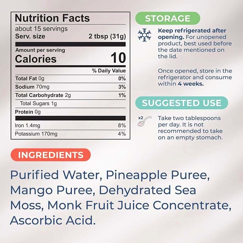 OEM Bergizi Seamos mentah Mendetoksifikasi dan Membersihkan Kaya Mineral Protein Vitamin Kesehatan Sea Moss Sea Moss Gel