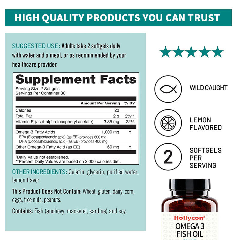 Suplemen Omega 3 OEM 1000mg Per Sajian 600 EPA & 400 DHA dan Dukungan Vitamin E untuk Kesehatan Jantung & Otak Minyak Ikan Omega 3