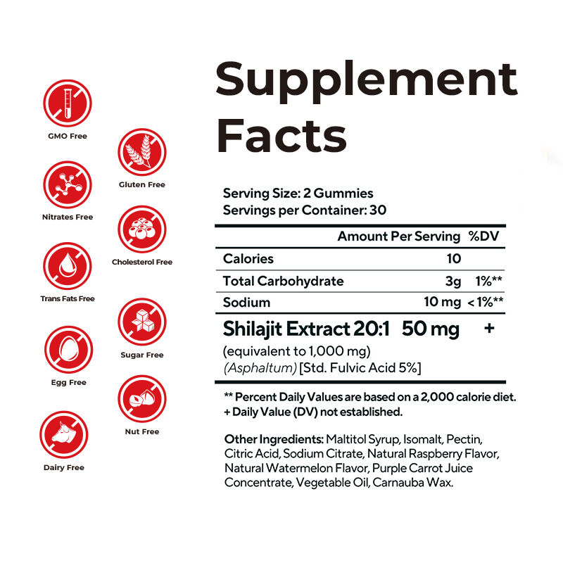 Label Pribadi Shilajit Men's Gummies Asam Fulvic Suplemen Bebas Gula Mempertahankan Tingkat Energi Normal dan Fungsi Kekebalan