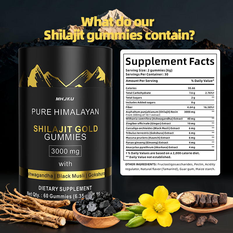 Private Label Shilajit Gummies With Ashwagandha Meningkatkan Energi Meningkatkan Latihan Meningkatkan Kekebalan Tubuh Suplemen Shilajit Himalaya Murni