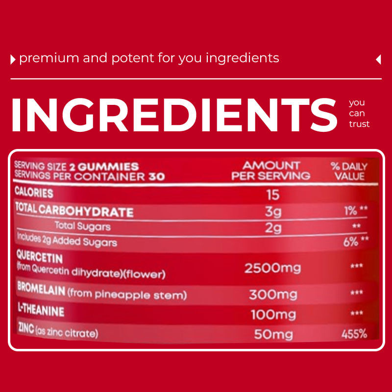 Label pribadi Bromelain L-theanine Zinc Suplemen Vegan Suplemen untuk Anak-anak Dewasa Quercetin Gummies