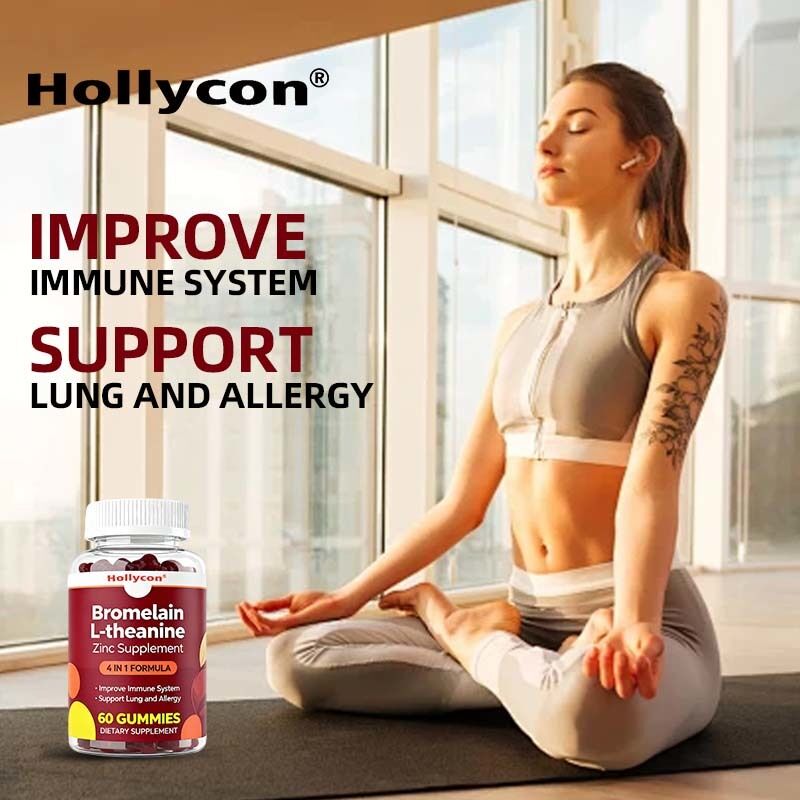 Label pribadi Bromelain L-theanine Zinc Suplemen Vegan Suplemen untuk Anak-anak Dewasa Quercetin Gummies