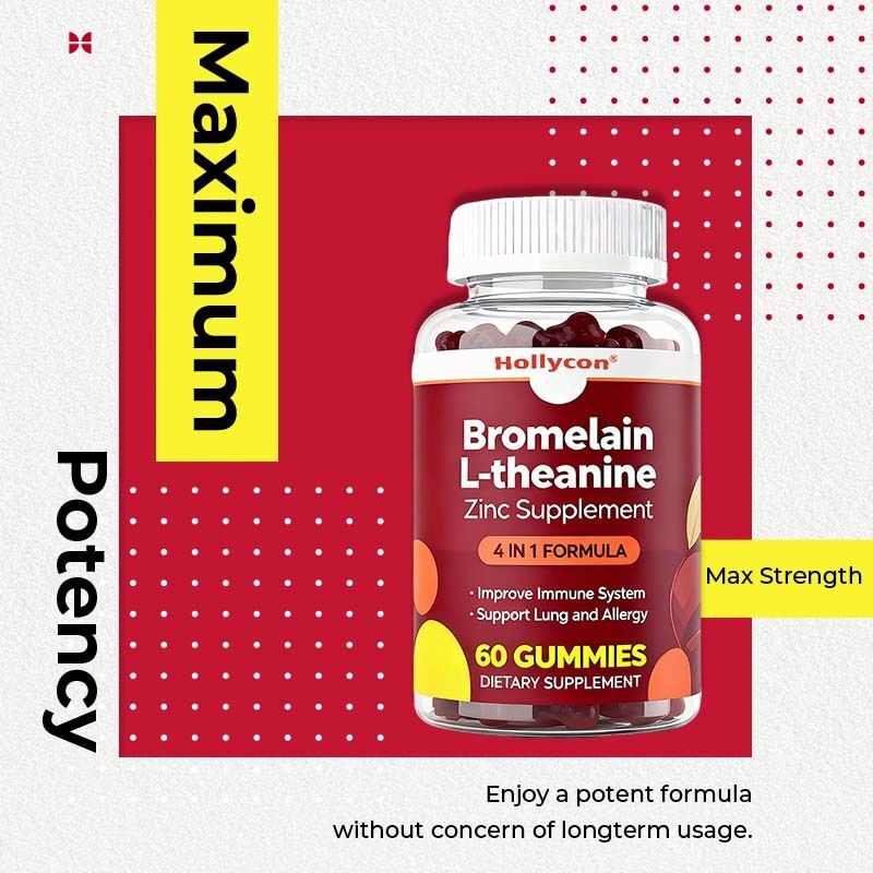 Label pribadi Bromelain L-theanine Zinc Suplemen Vegan Suplemen untuk Anak-anak Dewasa Quercetin Gummies