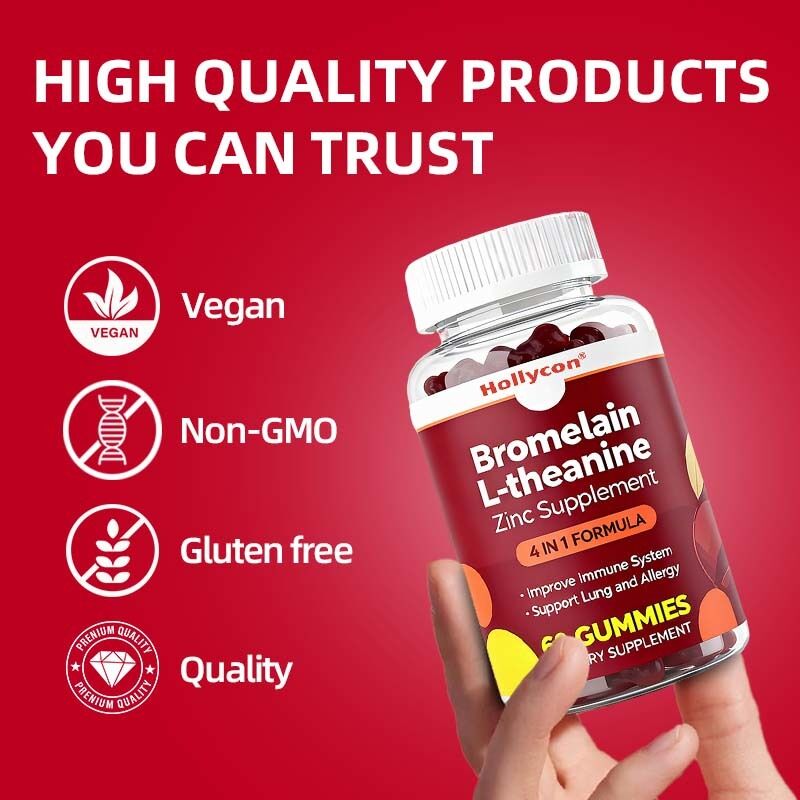 Label pribadi Bromelain L-theanine Zinc Suplemen Vegan Suplemen untuk Anak-anak Dewasa Quercetin Gummies