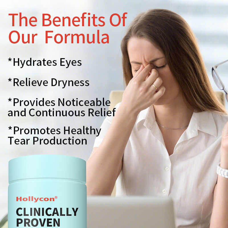 Suplemen Terbukti Klinis OEM untuk Mata Kering untuk Melembapkan Mata untuk Meredakan Kekeringan yang Tahan Lama Suplemen Perawatan Mata