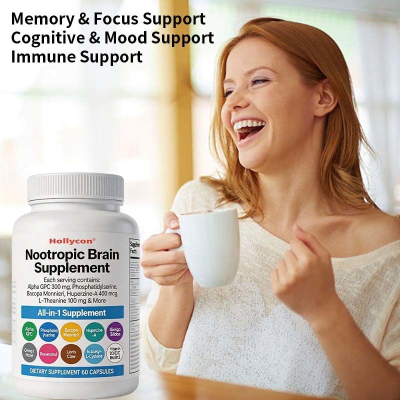 Suplemen Otak Nootropic OEM dengan Alpha GPC, Phosphatidylserine & Bacopa Monnieri Mendukung Memori & Fokus Kognitif & Suasana Hati
