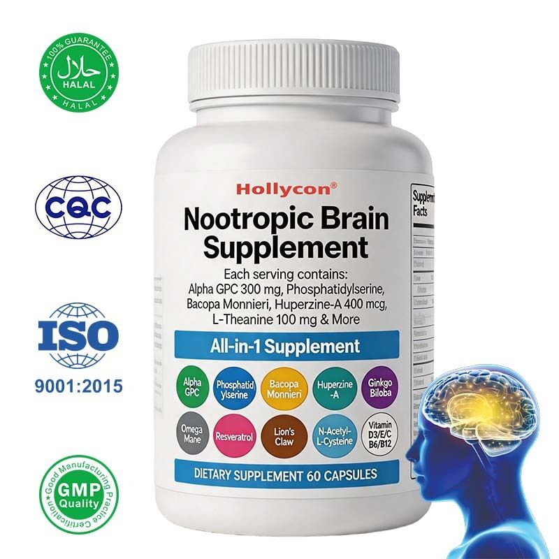 Suplemen Otak Nootropic OEM dengan Alpha GPC, Phosphatidylserine & Bacopa Monnieri Mendukung Memori & Fokus Kognitif & Suasana Hati